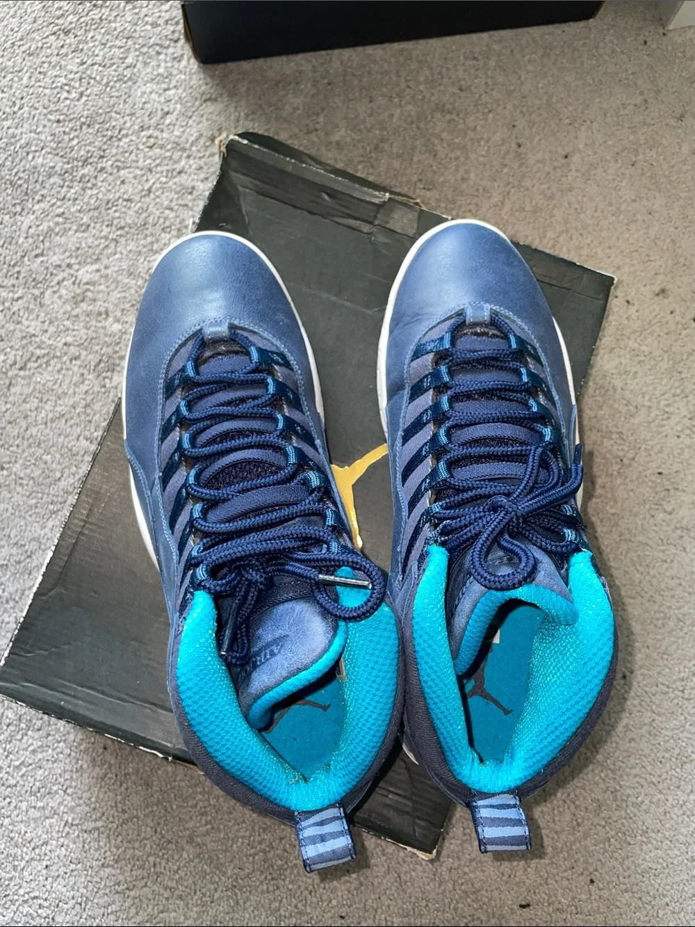 Jordan Navy Blue and Teal High-Top Basketball Sneakers